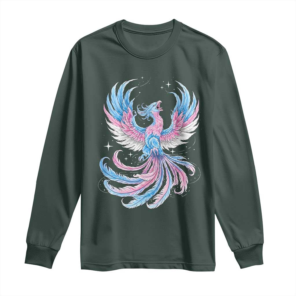Transgender Phoenix Reborn Long Sleeve Shirt Trans Pride Flag Bird TS12 Dark Forest Green Print Your Wear