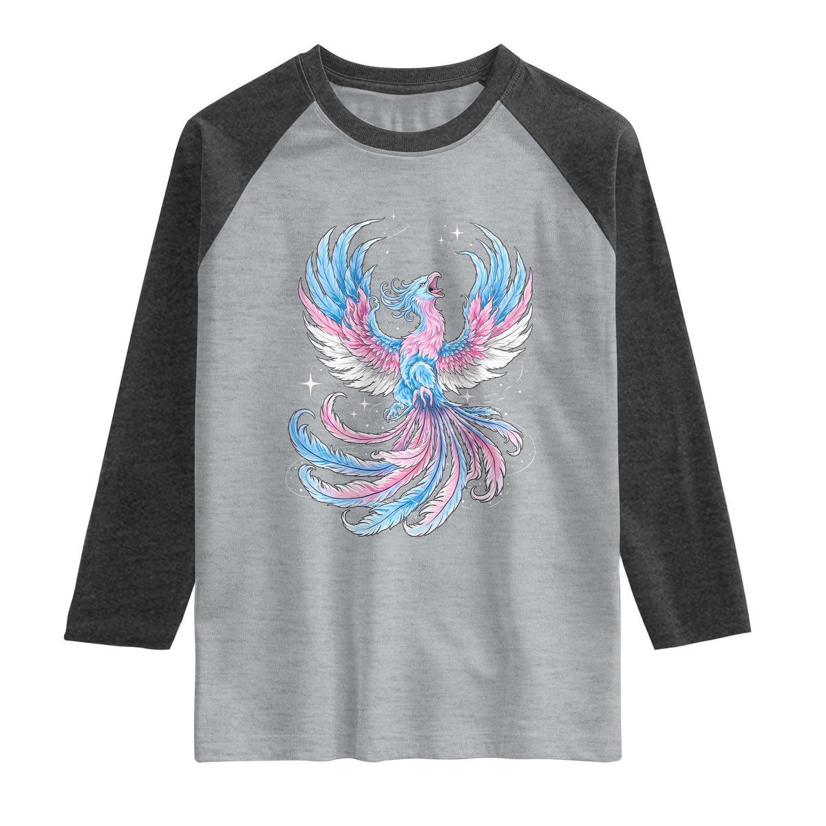 Transgender Phoenix Reborn Raglan Shirt Trans Pride Flag Bird TS12 Heather Gray Heather Charcoal Print Your Wear