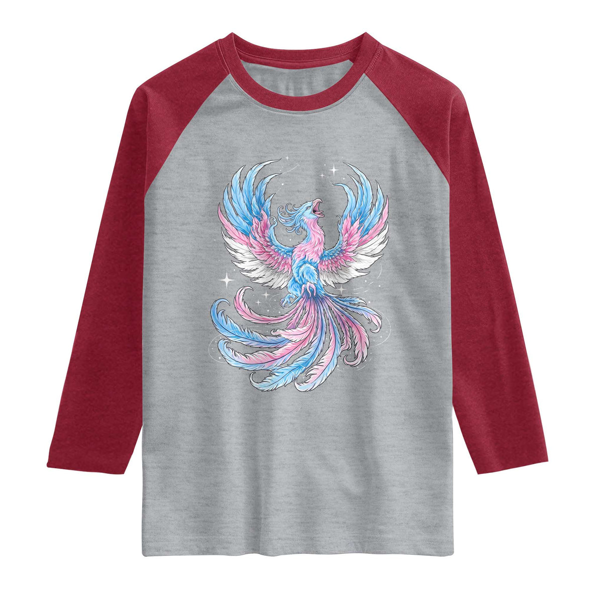 Transgender Phoenix Reborn Raglan Shirt Trans Pride Flag Bird TS12 Heather Gray Heather Red Print Your Wear