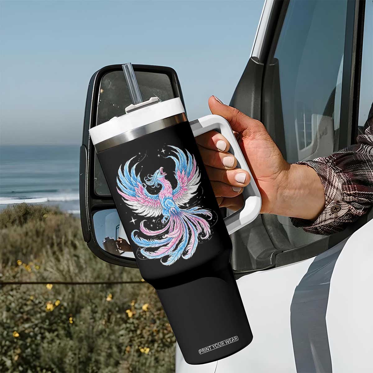 Transgender Phoenix Reborn Tumbler With Handle Trans Pride Flag Bird TS12 Print Your Wear