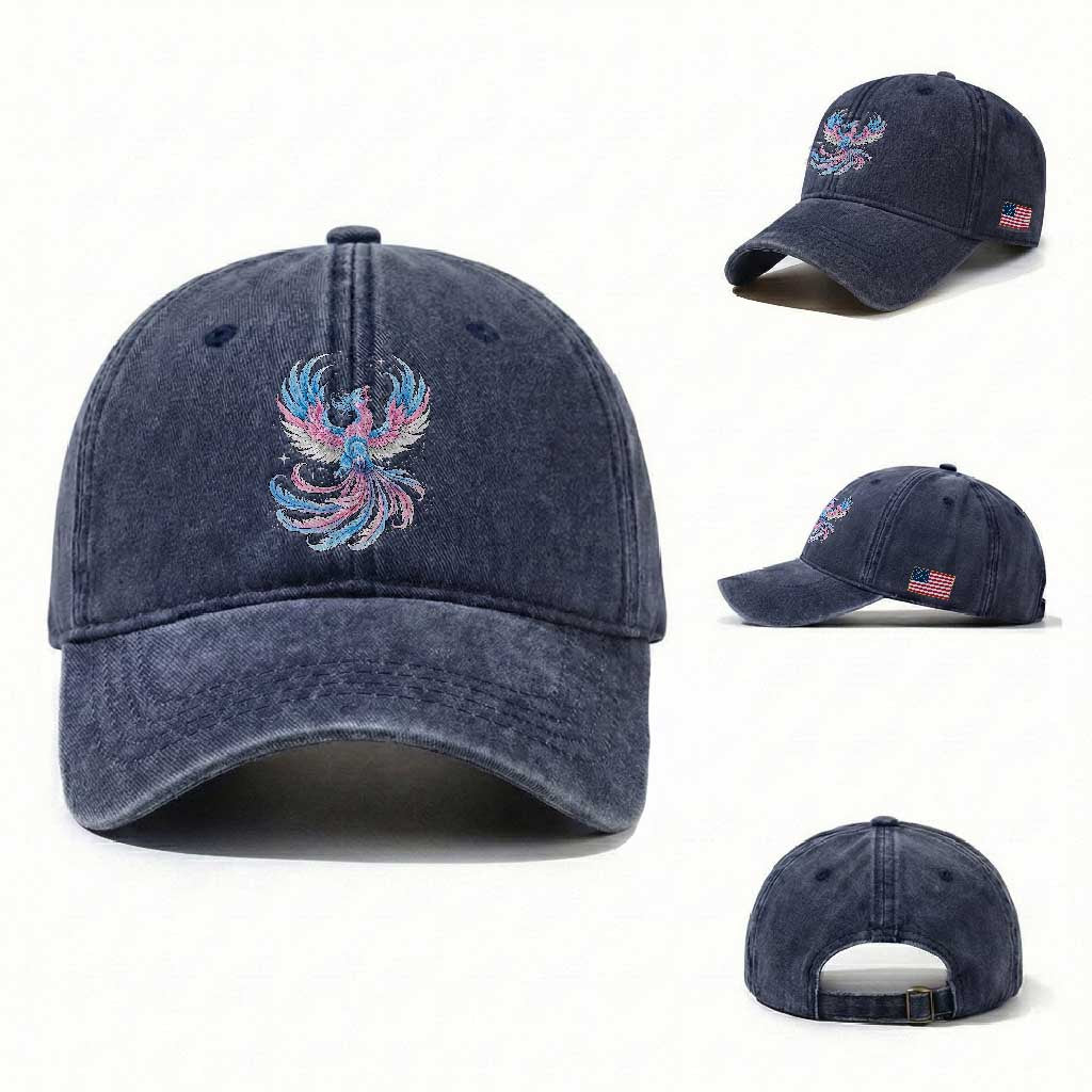 Transgender Phoenix Reborn Washed Cotton Baseball Cap Trans Pride Flag Bird TS12 Washed Cap Universal Fit Navy Print Your Wear
