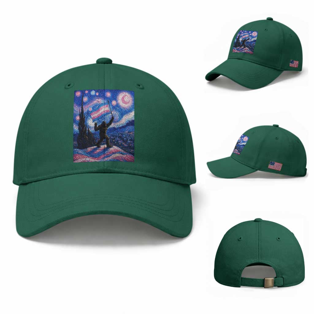 Bigfoot Starry Night Trans Rights Baseball Cap Sasquatch LGBTQ Pride TS12 Baseball Cap Universal Fit Irish Green Print Your Wear