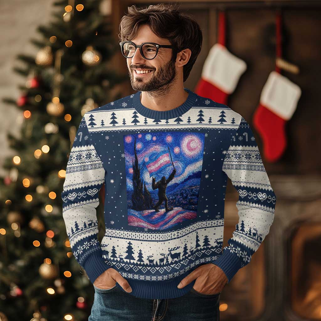 Bigfoot Starry Night Trans Rights Ugly Christmas Sweater Sasquatch LGBTQ Pride TS12 Navy Beige Print Your Wear