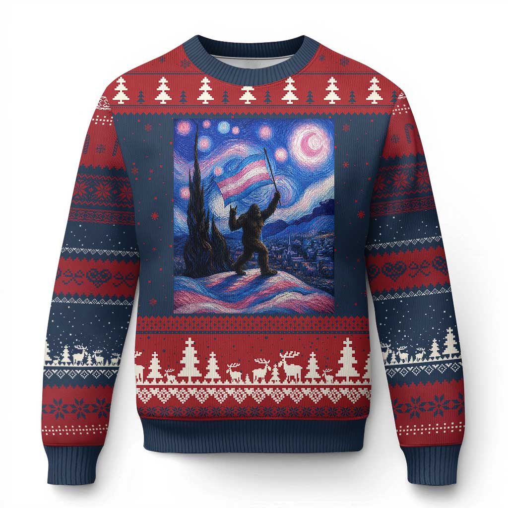 Bigfoot Starry Night Trans Rights Ugly Christmas Sweater Sasquatch LGBTQ Pride TS12 Navy Red Print Your Wear
