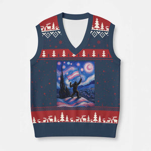 Bigfoot Starry Night Trans Rights V-Neck Knit Sweater Vest Sasquatch LGBTQ Pride TS12 Navy Red Print Your Wear