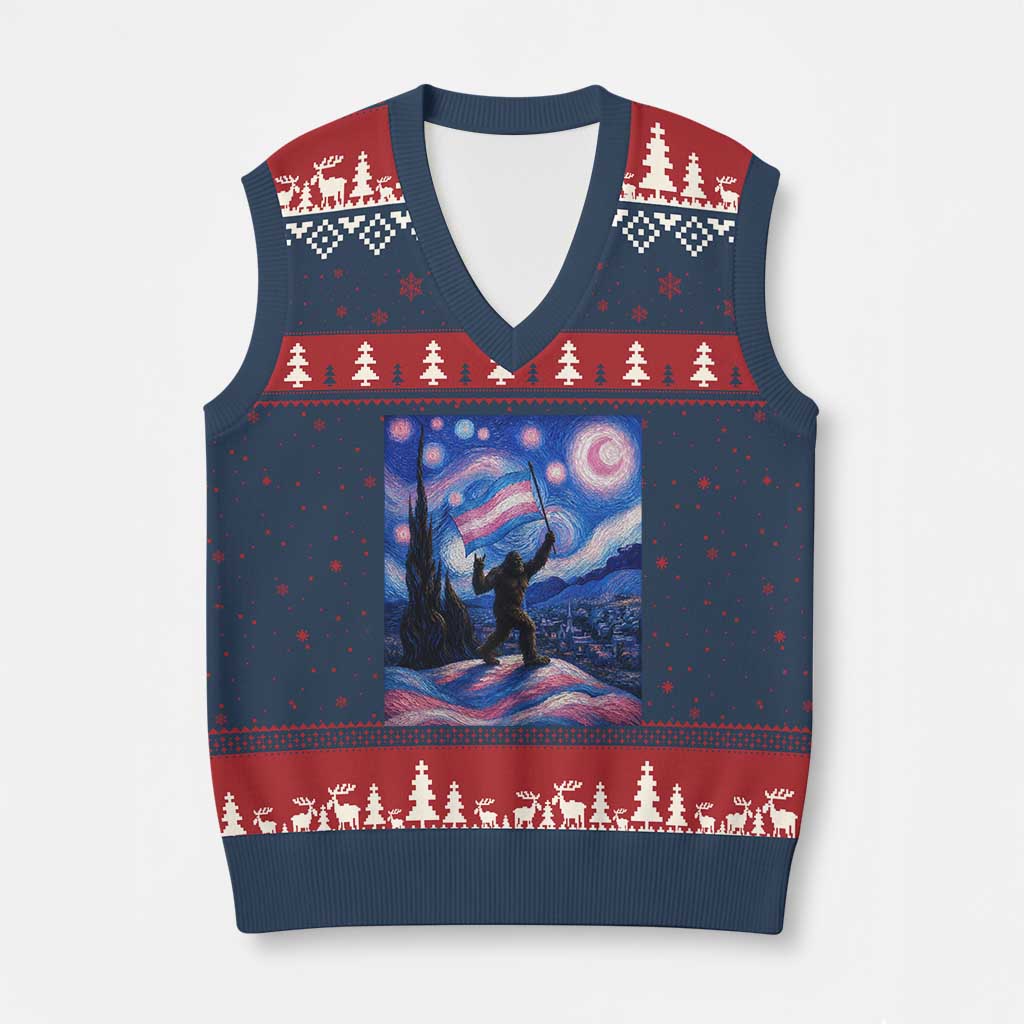 Bigfoot Starry Night Trans Rights V-Neck Knit Sweater Vest Sasquatch LGBTQ Pride TS12 Navy Red Print Your Wear