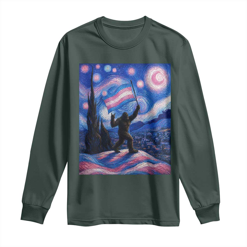 Bigfoot Starry Night Trans Rights Long Sleeve Shirt Sasquatch LGBTQ Pride TS12 Dark Forest Green Print Your Wear