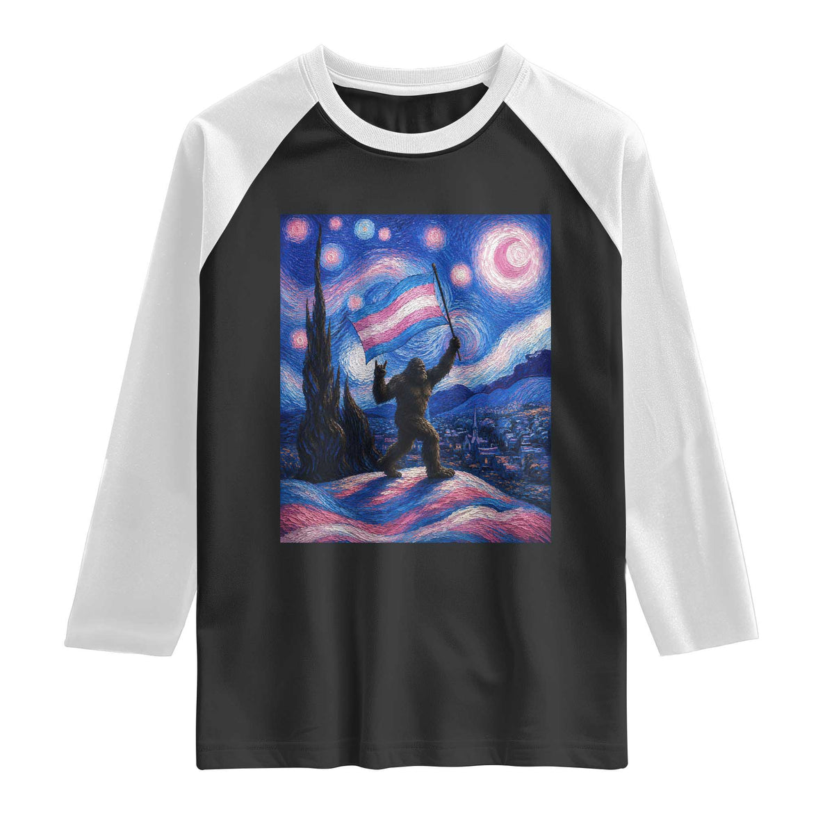 Bigfoot Starry Night Trans Rights Raglan Shirt Sasquatch LGBTQ Pride TS12 Black White Print Your Wear
