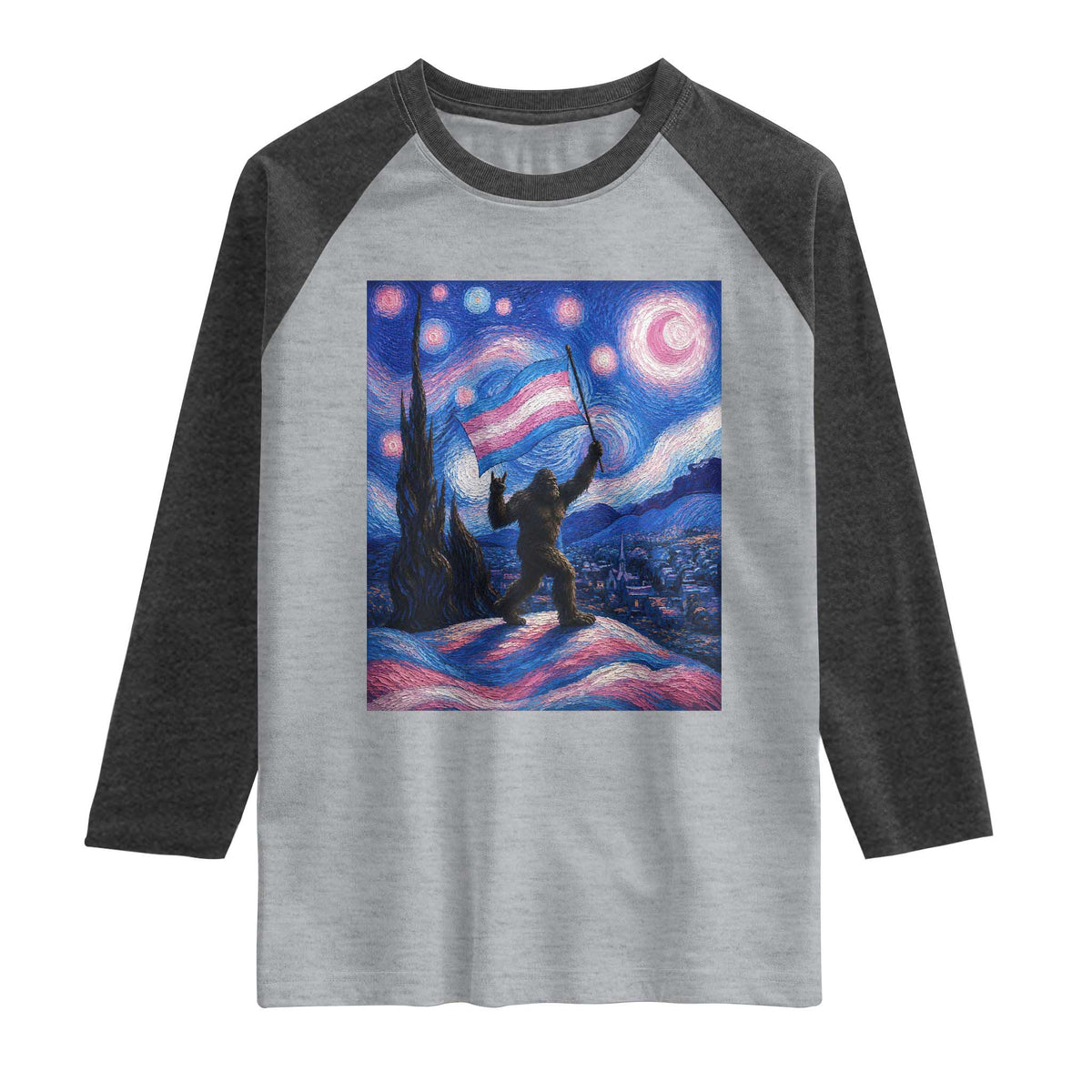 Bigfoot Starry Night Trans Rights Raglan Shirt Sasquatch LGBTQ Pride TS12 Heather Gray Heather Charcoal Print Your Wear