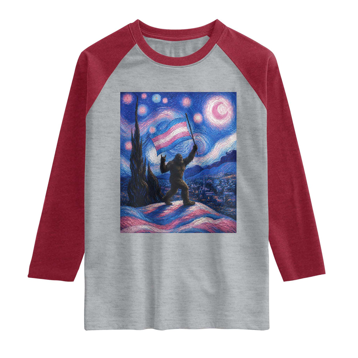 Bigfoot Starry Night Trans Rights Raglan Shirt Sasquatch LGBTQ Pride TS12 Heather Gray Heather Red Print Your Wear