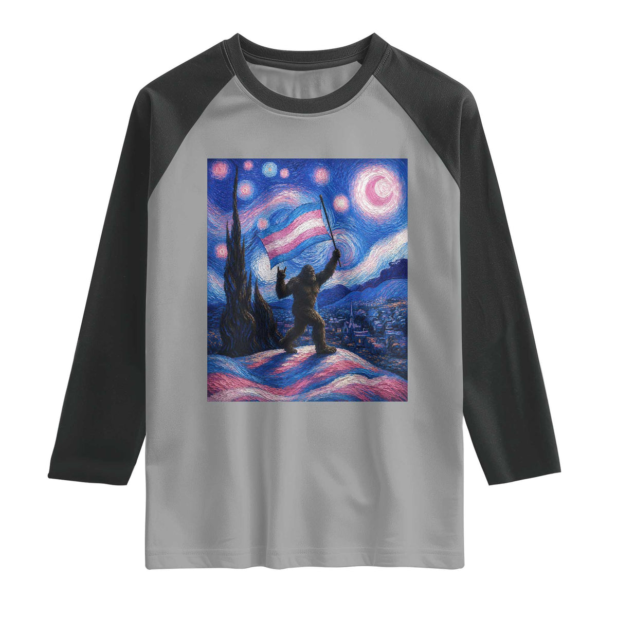 Bigfoot Starry Night Trans Rights Raglan Shirt Sasquatch LGBTQ Pride TS12 Sport Gray Black Print Your Wear