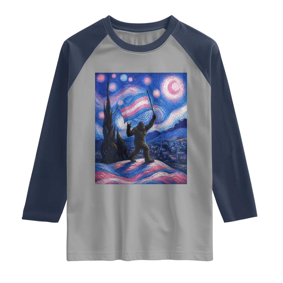 Bigfoot Starry Night Trans Rights Raglan Shirt Sasquatch LGBTQ Pride TS12 Sport Gray Navy Print Your Wear