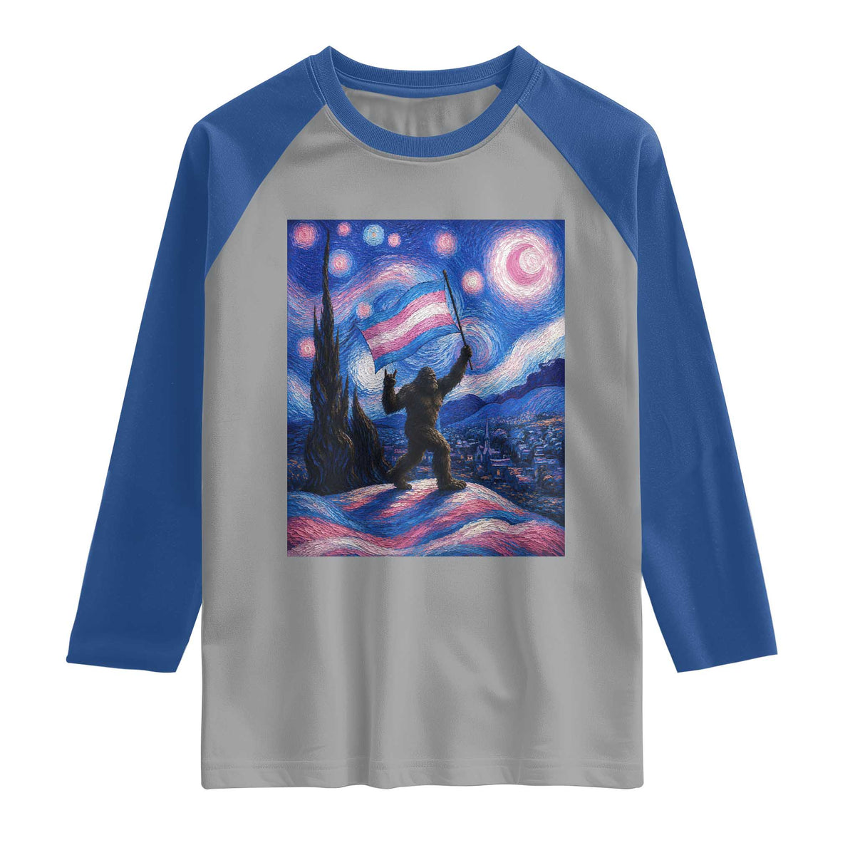 Bigfoot Starry Night Trans Rights Raglan Shirt Sasquatch LGBTQ Pride TS12 Sport Gray Royal Print Your Wear