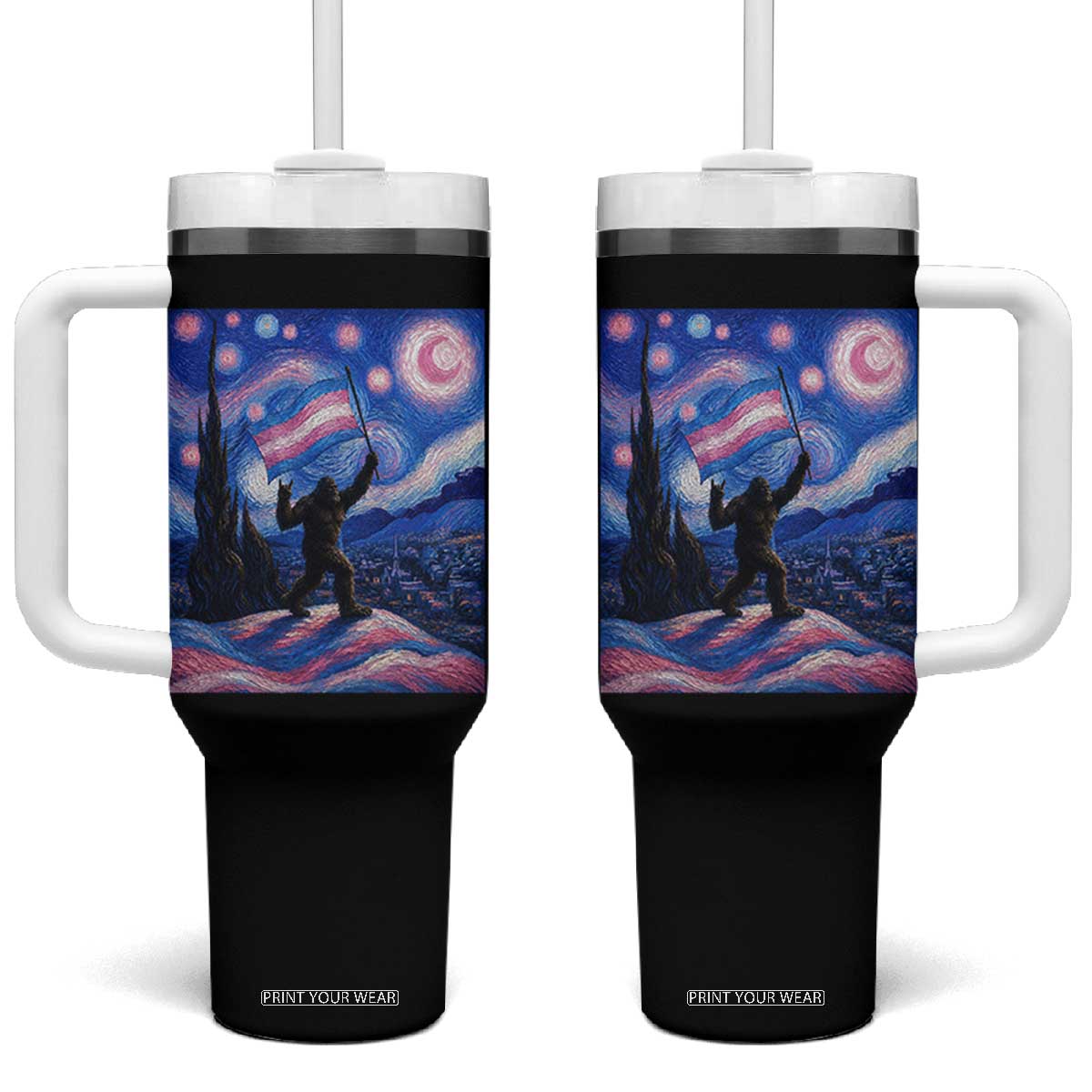 Bigfoot Starry Night Trans Rights Tumbler With Handle Sasquatch LGBTQ Pride