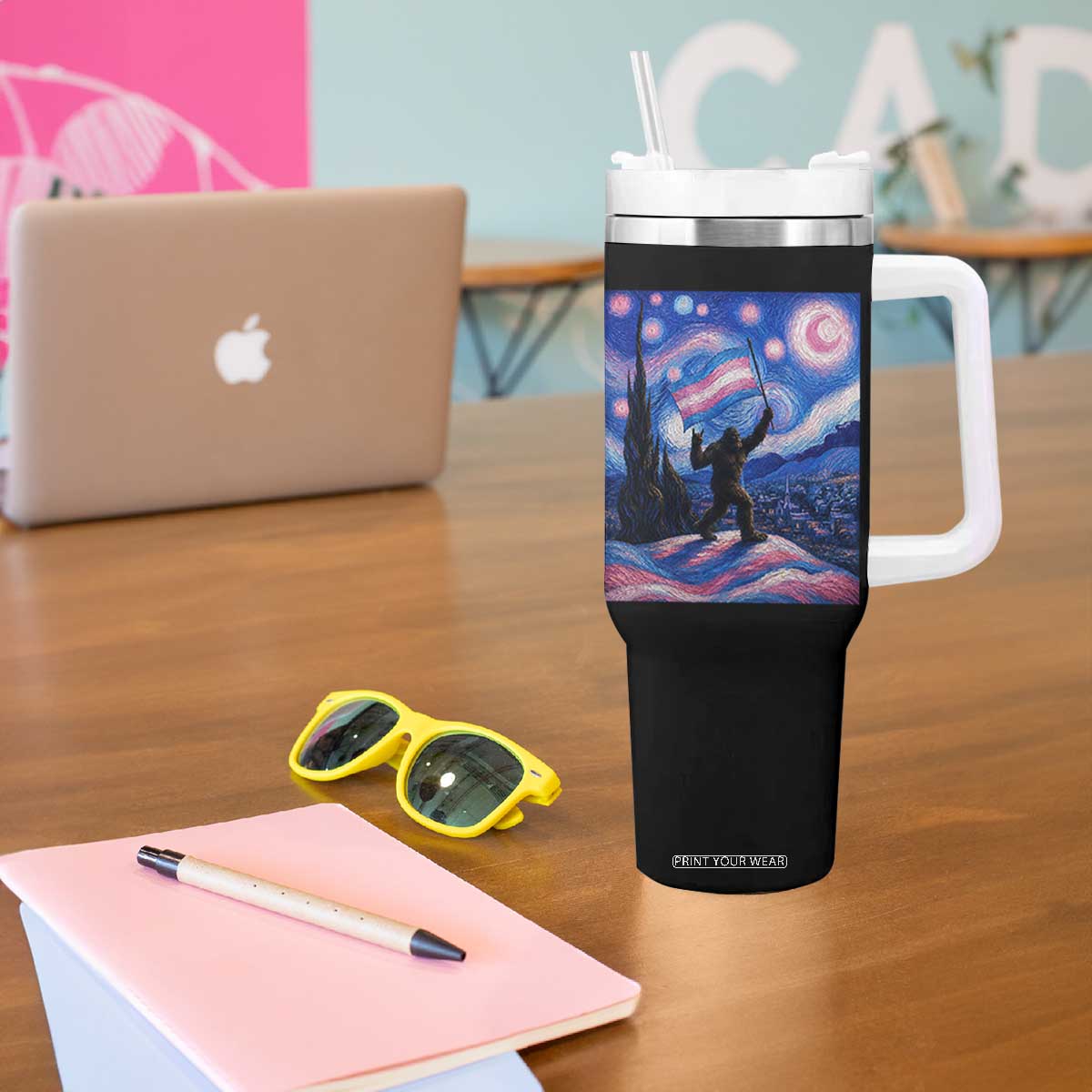 Bigfoot Starry Night Trans Rights Tumbler With Handle Sasquatch LGBTQ Pride