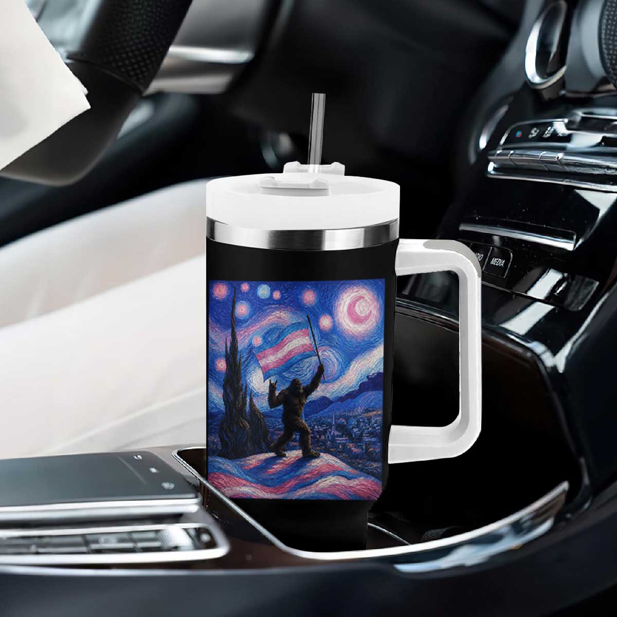 Bigfoot Starry Night Trans Rights Tumbler With Handle Sasquatch LGBTQ Pride