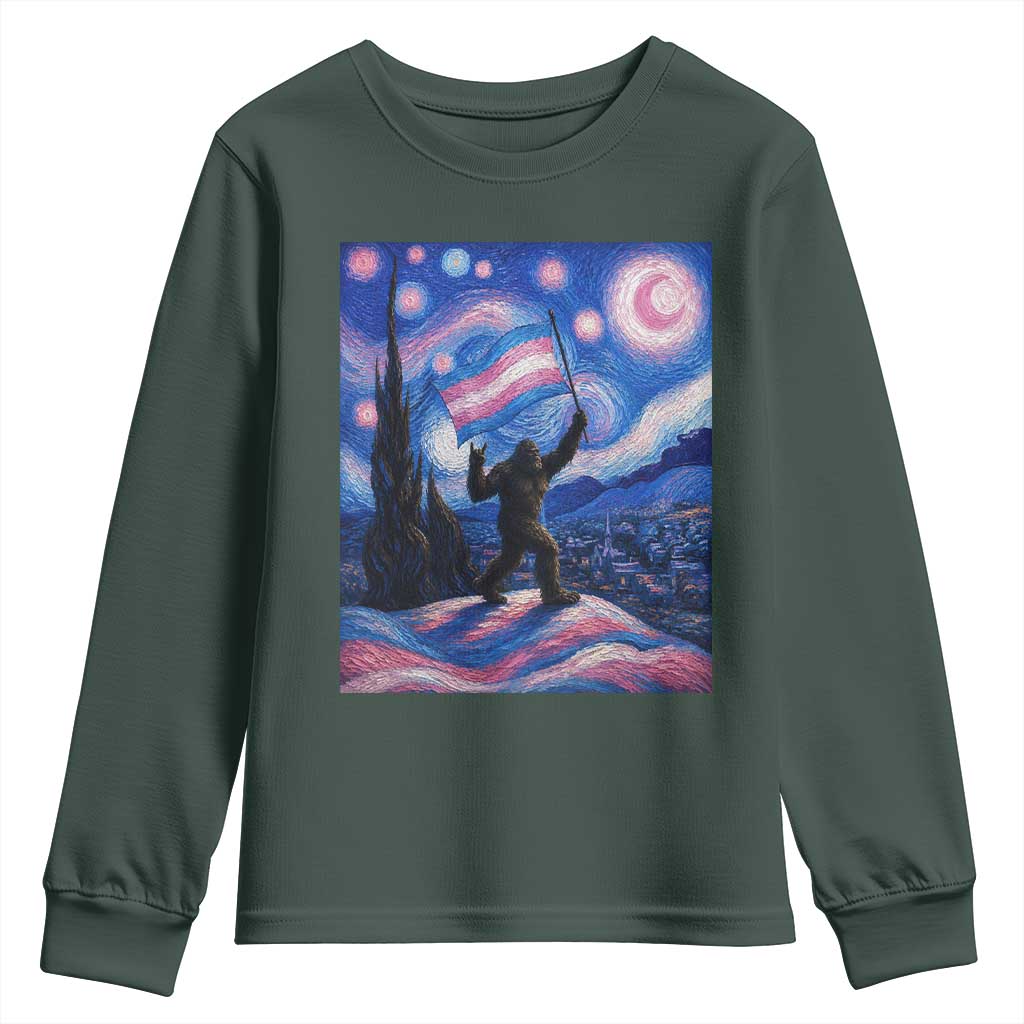 Bigfoot Starry Night Trans Rights Youth Sweatshirt Sasquatch LGBTQ Pride TS12 Dark Forest Green Print Your Wear