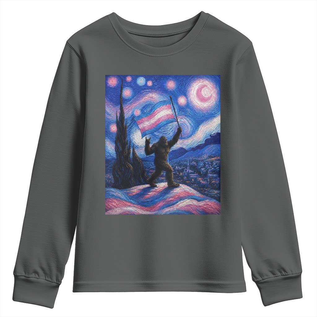 Bigfoot Starry Night Trans Rights Youth Sweatshirt Sasquatch LGBTQ Pride TS12 Dark Heather Print Your Wear
