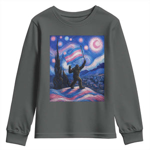 Bigfoot Starry Night Trans Rights Youth Sweatshirt Sasquatch LGBTQ Pride TS12 Dark Heather Print Your Wear