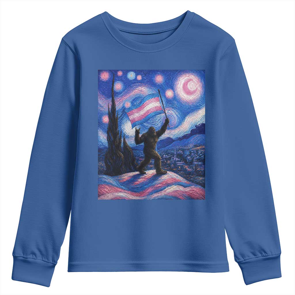Bigfoot Starry Night Trans Rights Youth Sweatshirt Sasquatch LGBTQ Pride TS12 Royal Blue Print Your Wear