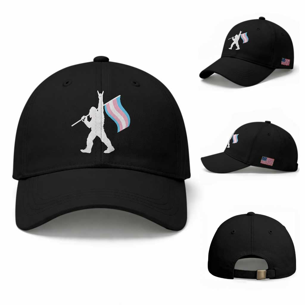 Bigfoot Rock On Trans Pride Flag Baseball Cap Sasquatch LGBTQ Ally TS12 Baseball Cap Universal Fit Black Print Your Wear