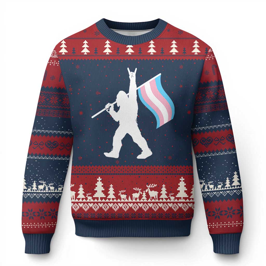 Bigfoot Rock On Trans Pride Flag Ugly Christmas Sweater Sasquatch LGBTQ Ally TS12 Navy Red Print Your Wear