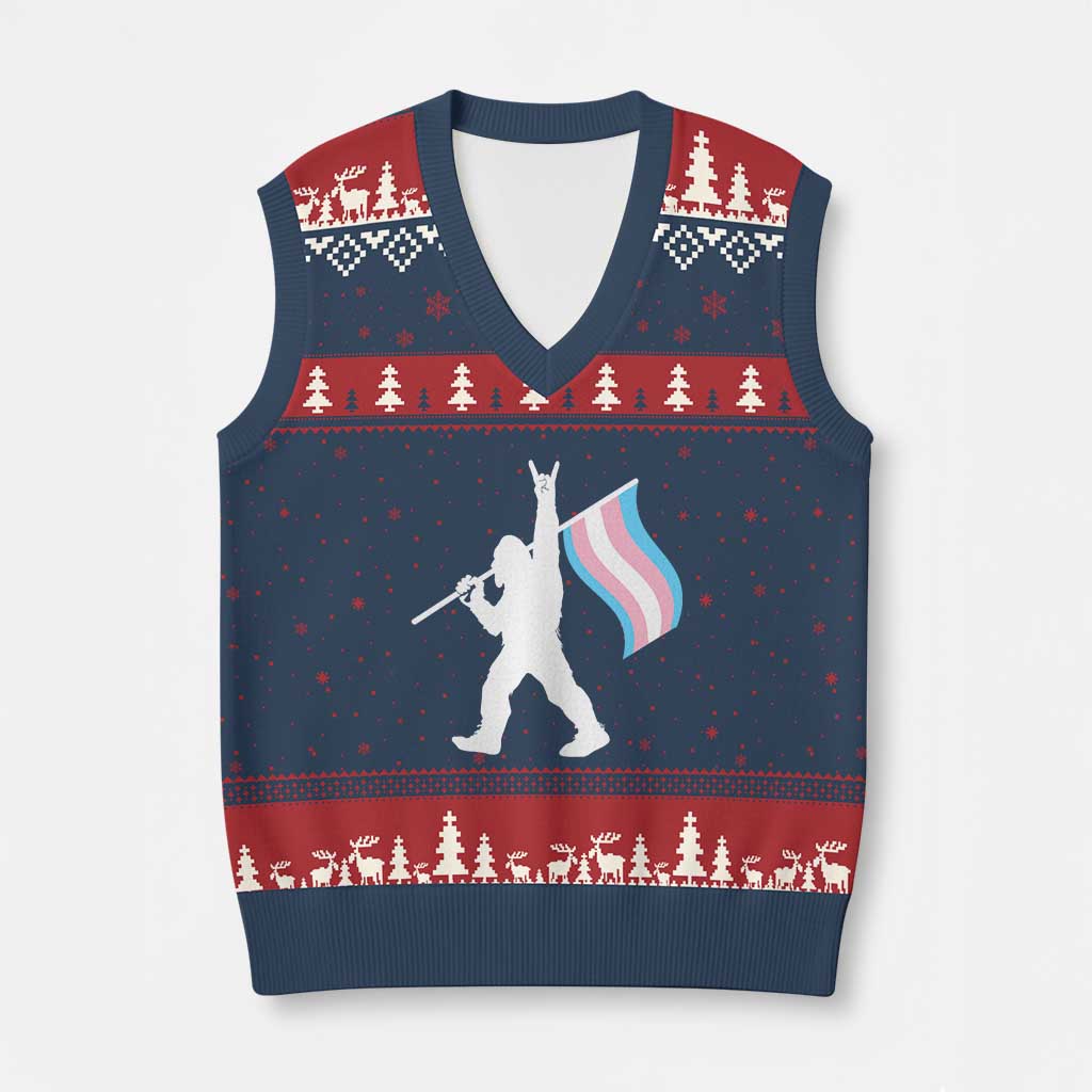 Bigfoot Rock On Trans Pride Flag V-Neck Knit Sweater Vest Sasquatch LGBTQ Ally TS12 Navy Red Print Your Wear