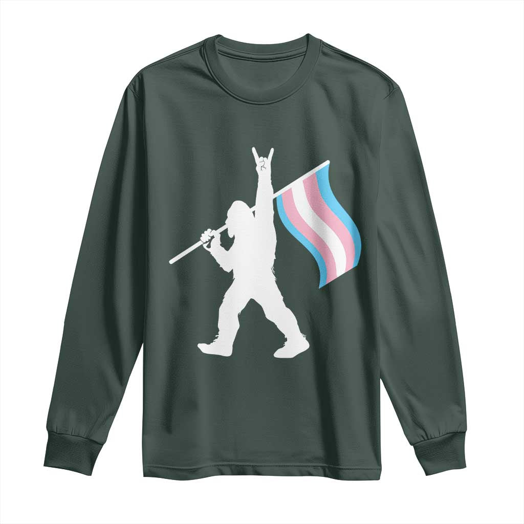 Bigfoot Rock On Trans Pride Flag Long Sleeve Shirt Sasquatch LGBTQ Ally TS12 Dark Forest Green Print Your Wear