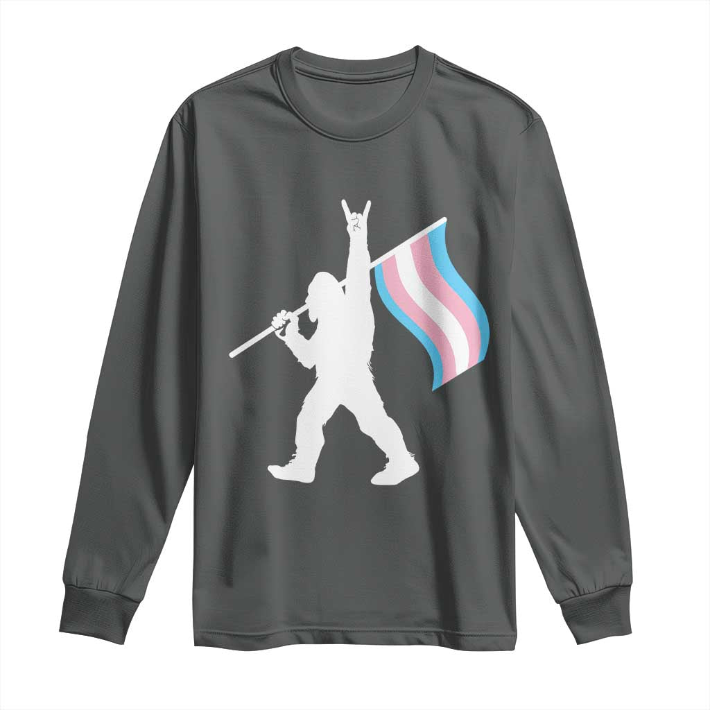 Bigfoot Rock On Trans Pride Flag Long Sleeve Shirt Sasquatch LGBTQ Ally TS12 Dark Heather Print Your Wear