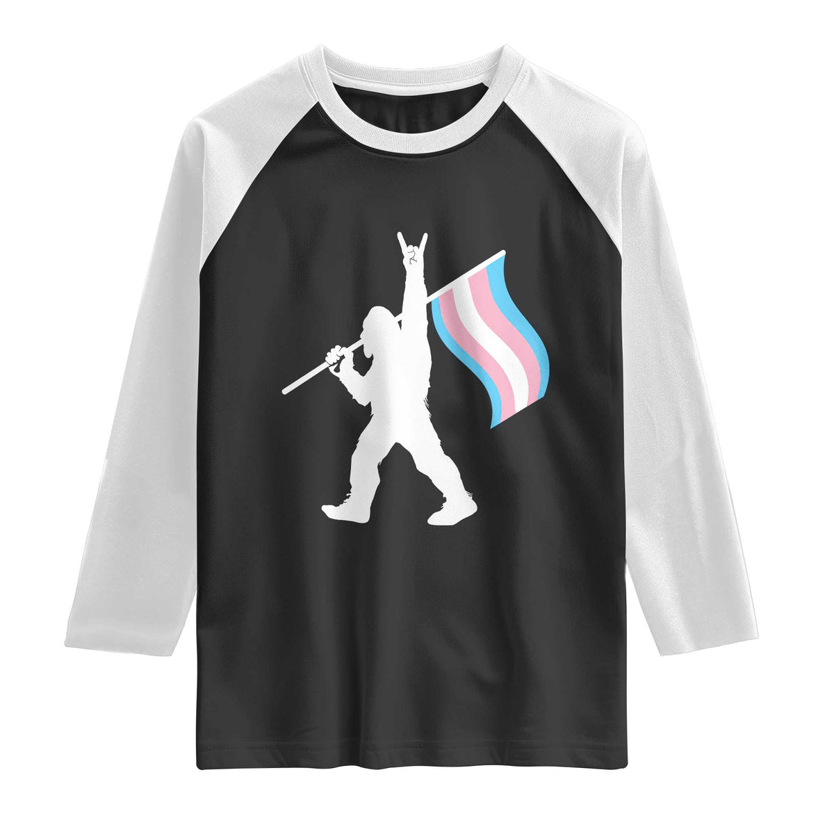 Bigfoot Rock On Trans Pride Flag Raglan Shirt Sasquatch LGBTQ Ally TS12 Black White Print Your Wear