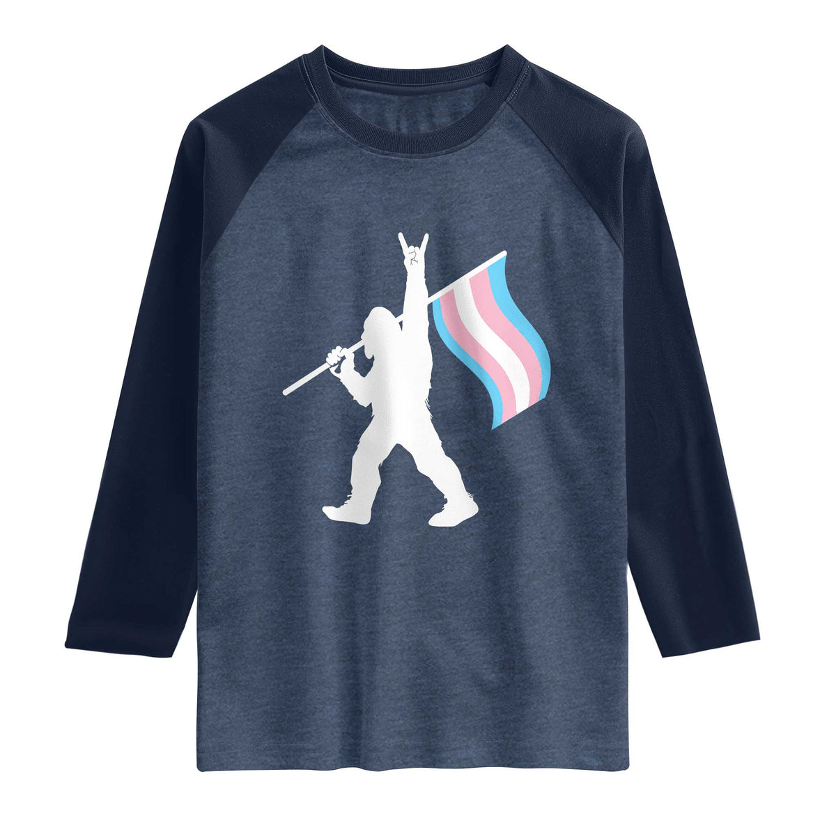 Bigfoot Rock On Trans Pride Flag Raglan Shirt Sasquatch LGBTQ Ally TS12 Heather Denim Navy Print Your Wear