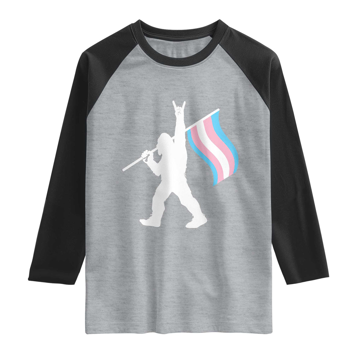 Bigfoot Rock On Trans Pride Flag Raglan Shirt Sasquatch LGBTQ Ally TS12 Heather Gray Black Print Your Wear