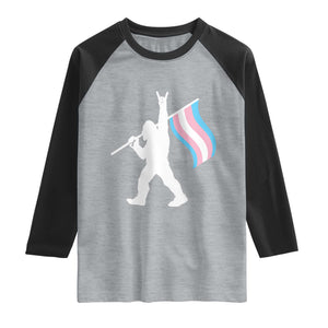 Bigfoot Rock On Trans Pride Flag Raglan Shirt Sasquatch LGBTQ Ally TS12 Heather Gray Black Print Your Wear