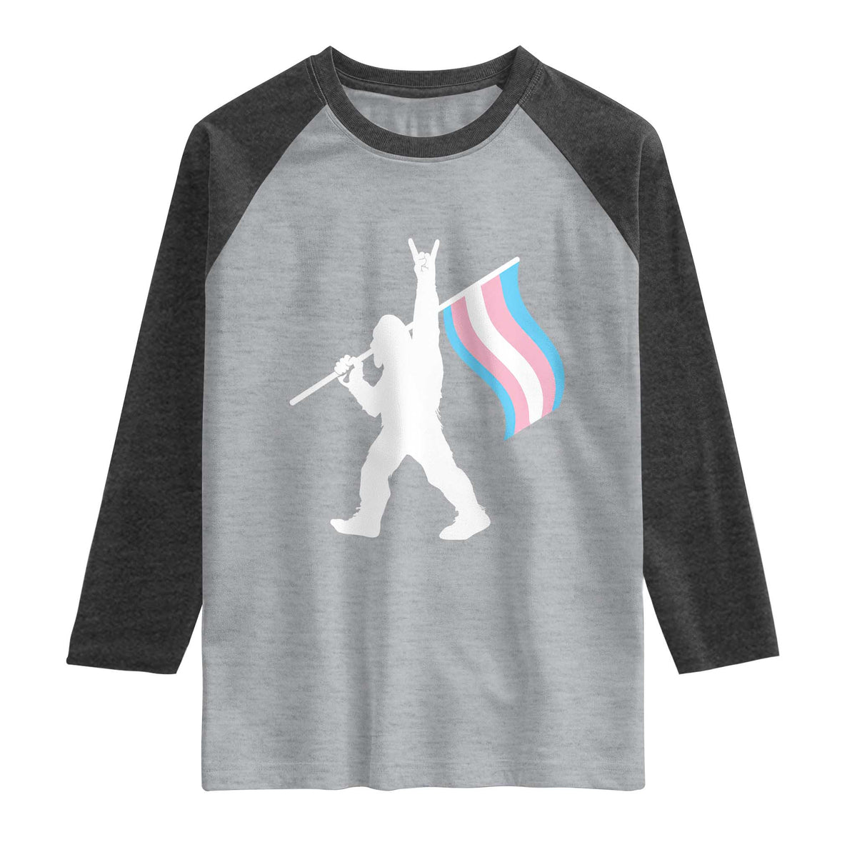 Bigfoot Rock On Trans Pride Flag Raglan Shirt Sasquatch LGBTQ Ally TS12 Heather Gray Heather Charcoal Print Your Wear