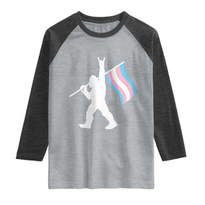 Bigfoot Rock On Trans Pride Flag Raglan Shirt Sasquatch LGBTQ Ally TS12 Heather Gray Heather Charcoal Print Your Wear