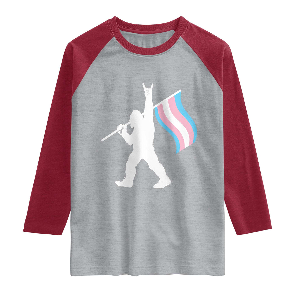 Bigfoot Rock On Trans Pride Flag Raglan Shirt Sasquatch LGBTQ Ally TS12 Heather Gray Heather Red Print Your Wear