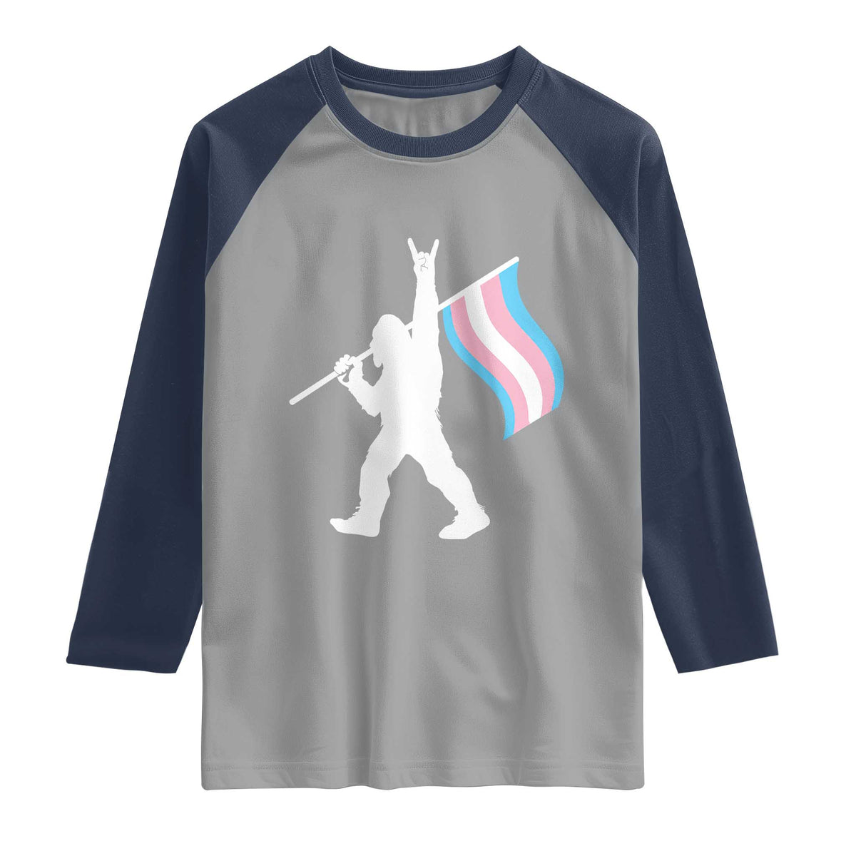 Bigfoot Rock On Trans Pride Flag Raglan Shirt Sasquatch LGBTQ Ally TS12 Sport Gray Navy Print Your Wear