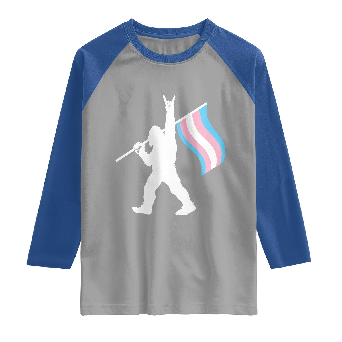 Bigfoot Rock On Trans Pride Flag Raglan Shirt Sasquatch LGBTQ Ally TS12 Sport Gray Royal Print Your Wear