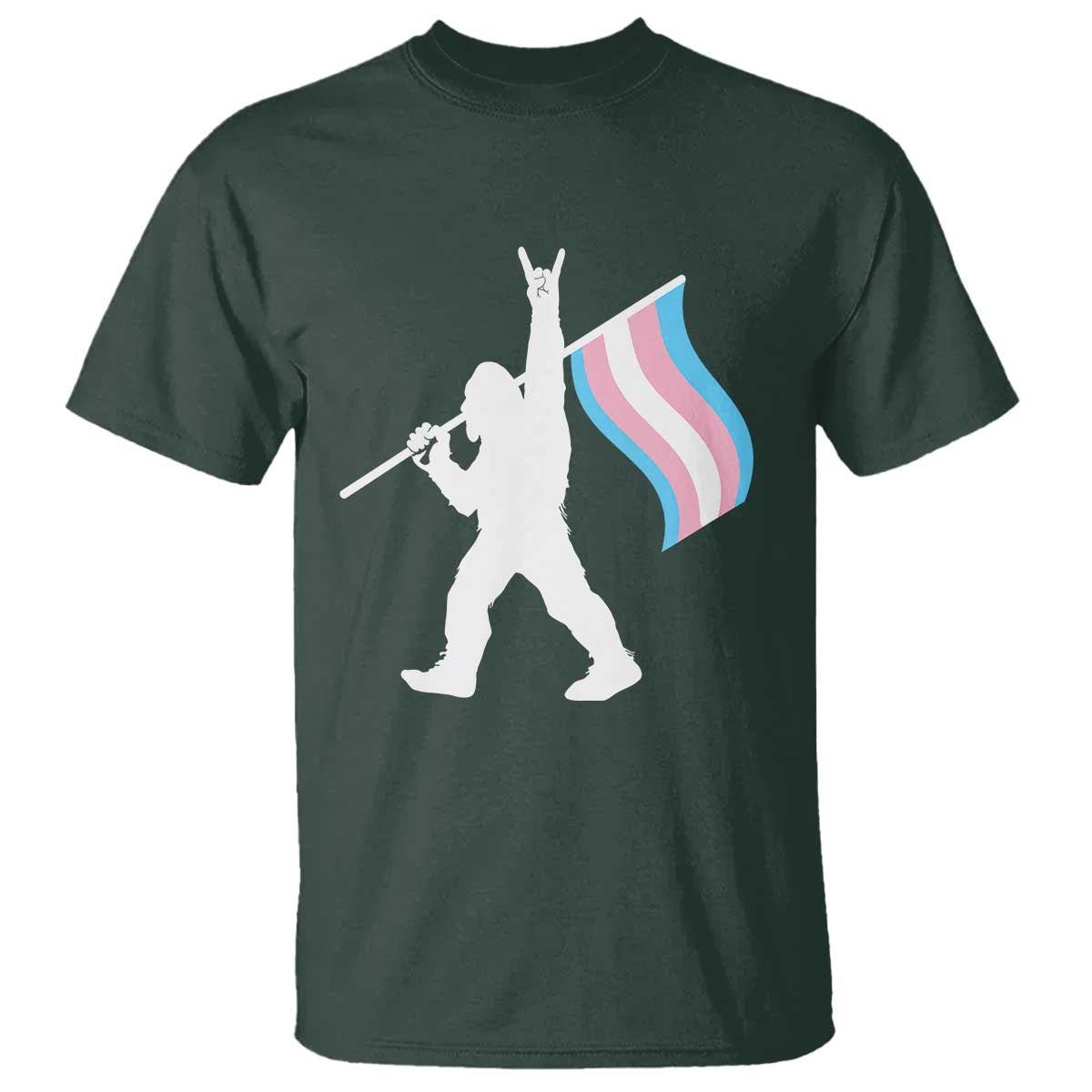 Bigfoot Rock On Trans Pride Flag T Shirt Sasquatch LGBTQ Ally TS12 Dark Forest Green Print Your Wear