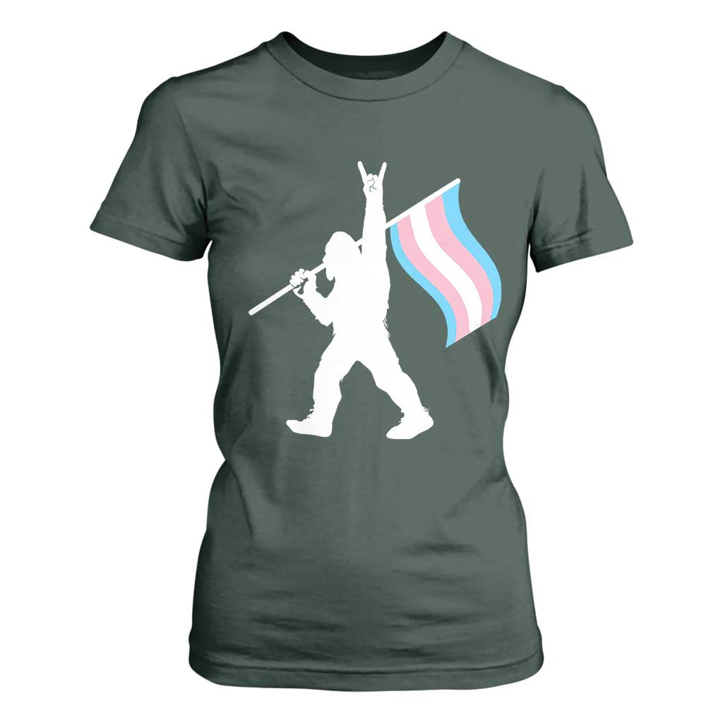 Bigfoot Rock On Trans Pride Flag T Shirt For Women Sasquatch LGBTQ Ally