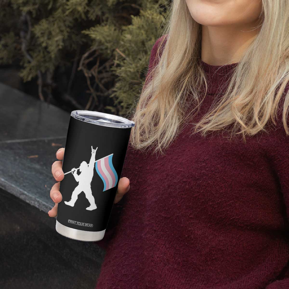 Bigfoot Rock On Trans Pride Flag Tumbler Cup Sasquatch LGBTQ Ally TS12 Print Your Wear
