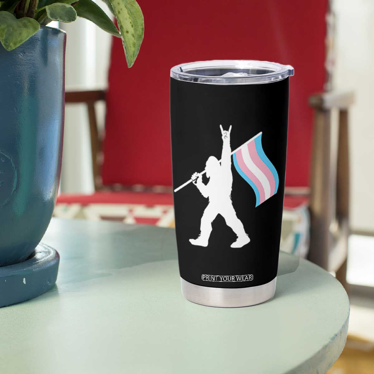 Bigfoot Rock On Trans Pride Flag Tumbler Cup Sasquatch LGBTQ Ally TS12 Print Your Wear