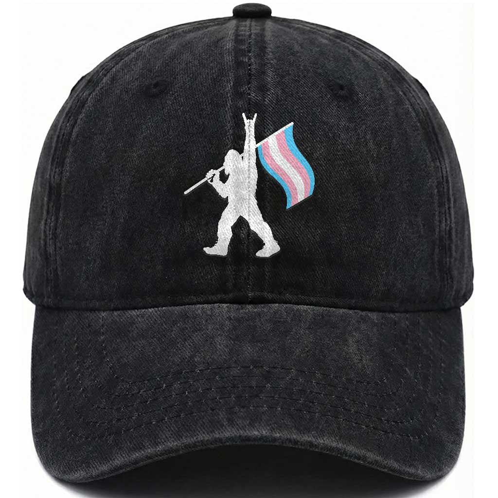 Bigfoot Rock On Trans Pride Flag Washed Cotton Baseball Cap Sasquatch LGBTQ Ally TS12 Print Your Wear