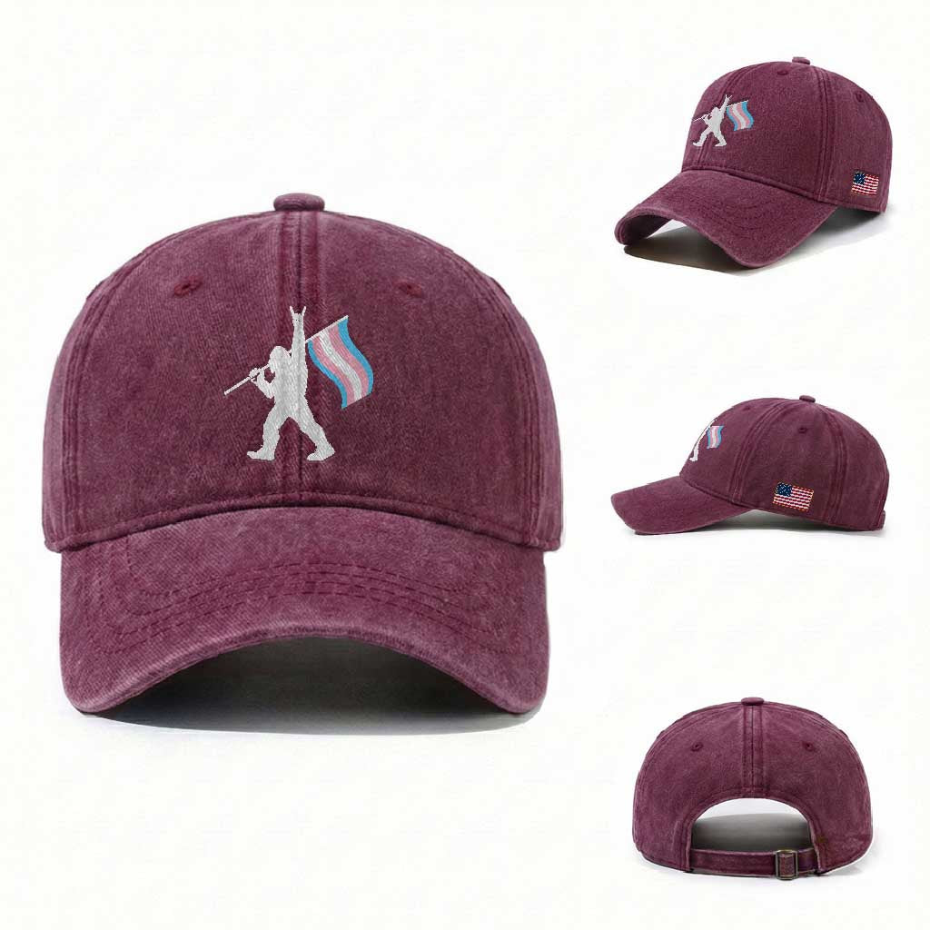 Bigfoot Rock On Trans Pride Flag Washed Cotton Baseball Cap Sasquatch LGBTQ Ally TS12 Washed Cap Universal Fit Burgundy Print Your Wear