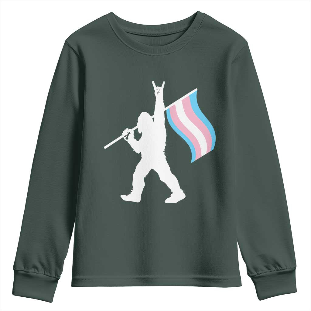 Bigfoot Rock On Trans Pride Flag Youth Sweatshirt Sasquatch LGBTQ Ally TS12 Dark Forest Green Print Your Wear