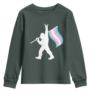Bigfoot Rock On Trans Pride Flag Youth Sweatshirt Sasquatch LGBTQ Ally TS12 Dark Forest Green Print Your Wear