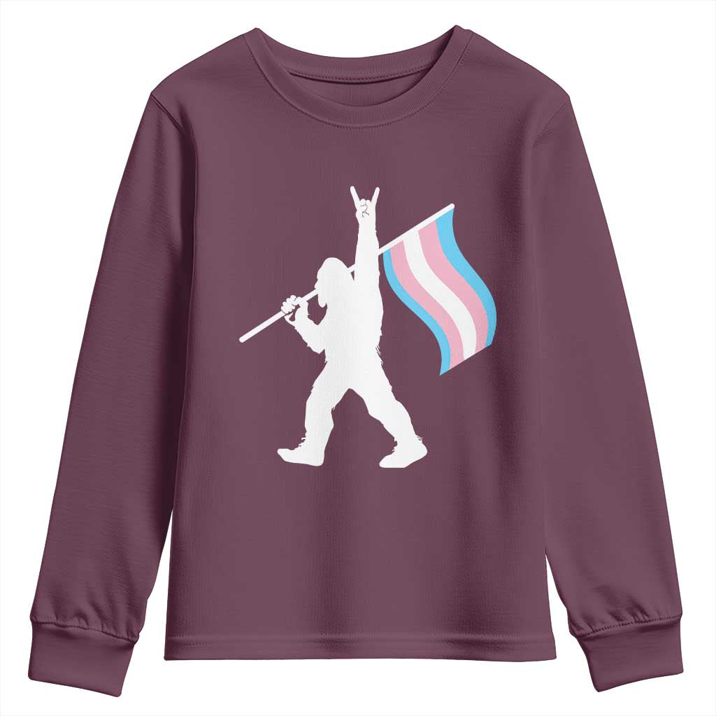 Bigfoot Rock On Trans Pride Flag Youth Sweatshirt Sasquatch LGBTQ Ally TS12 Maroon Print Your Wear