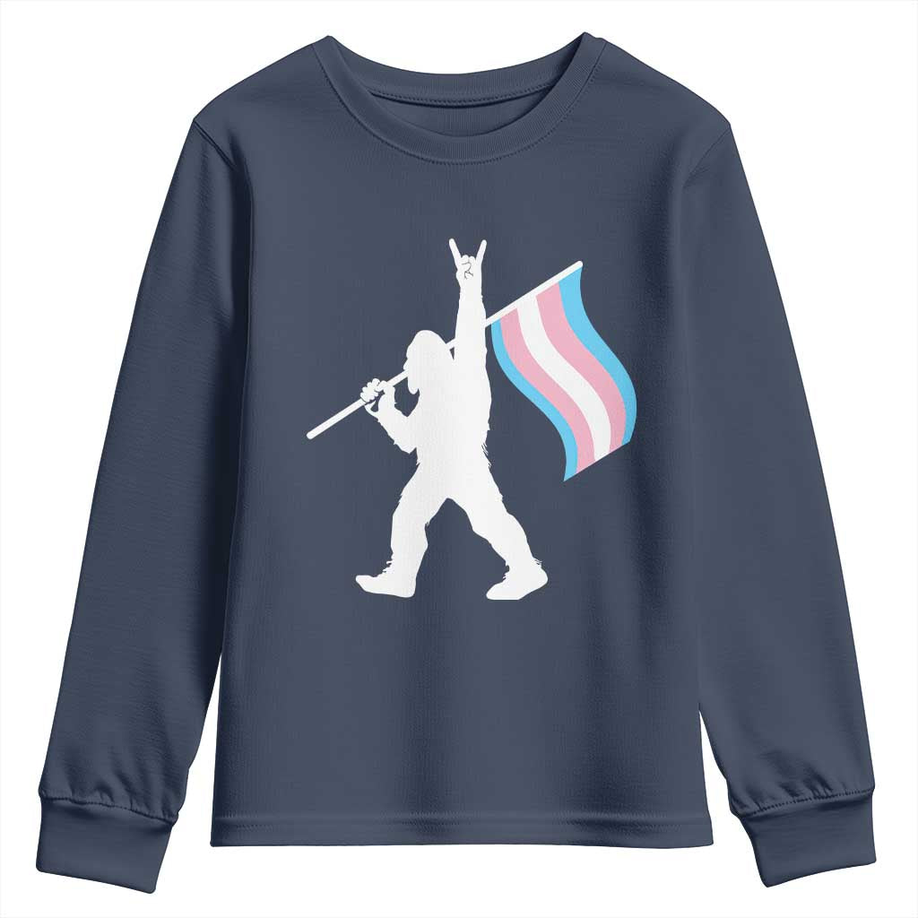 Bigfoot Rock On Trans Pride Flag Youth Sweatshirt Sasquatch LGBTQ Ally TS12 Navy Print Your Wear
