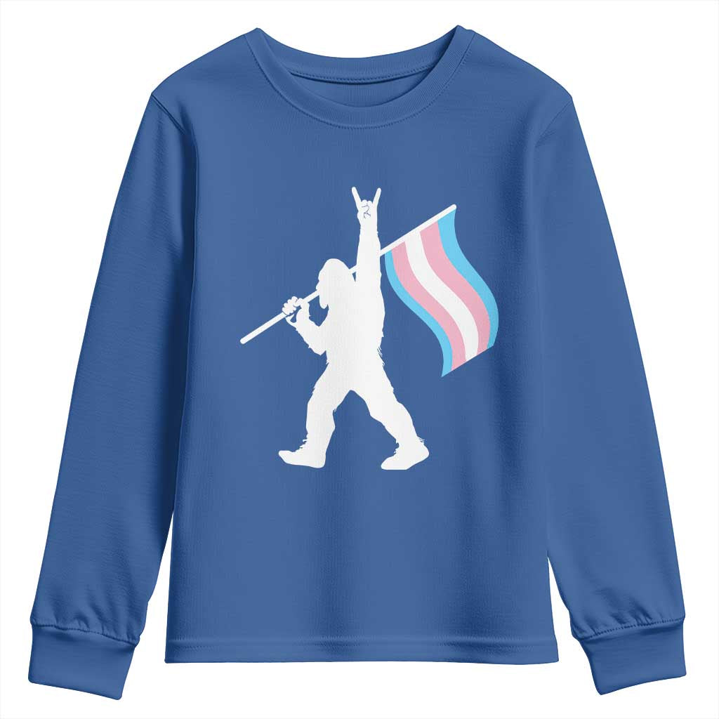 Bigfoot Rock On Trans Pride Flag Youth Sweatshirt Sasquatch LGBTQ Ally TS12 Royal Blue Print Your Wear