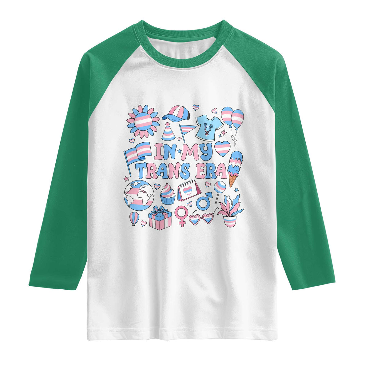 Transgender Pride In My Trans Era Raglan Shirt Proud Ally Support Graphic TS12 White Kelly Green Print Your Wear